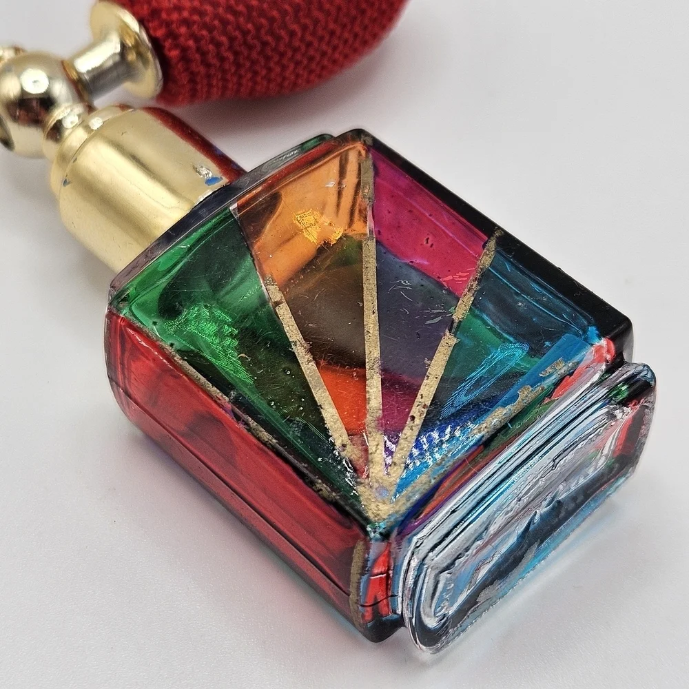 VINTAGE Handmade Venetian Glass Rainbow Candy Striped Mini Puff Atomizer Italy